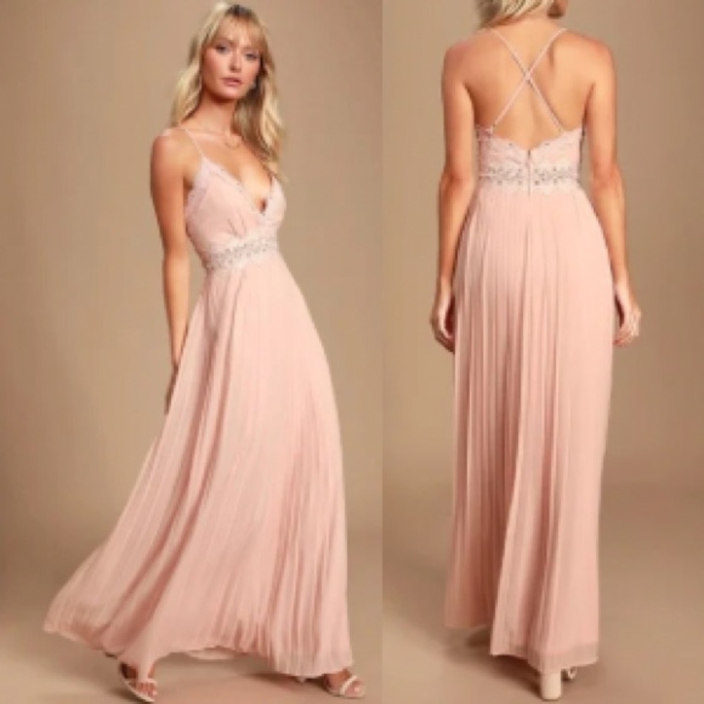 Lulus Romantic Intentions Blush Pink Lace Maxi Dress XS – Backless Pleated Gown
